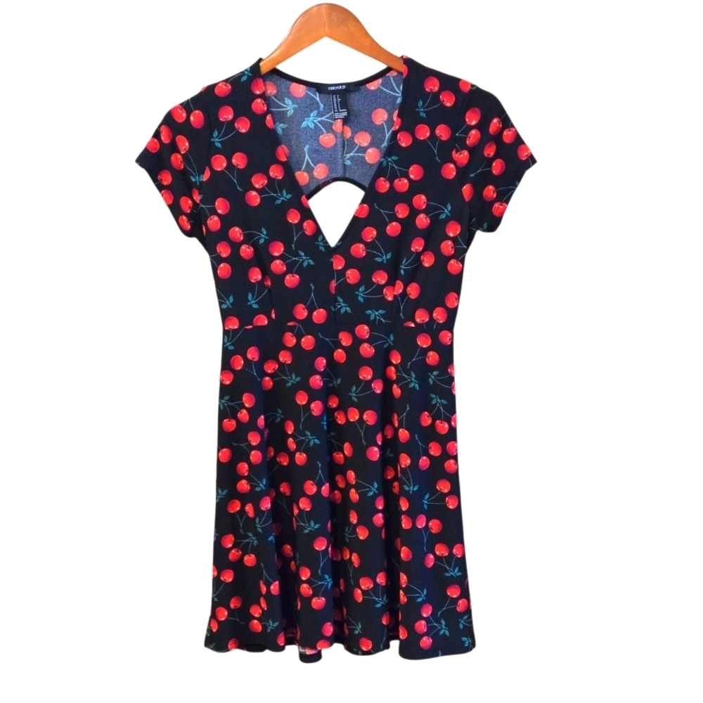 Forever 21 Open Back Cutout Cherry 🍒 Print Black Background Dress Women Size S